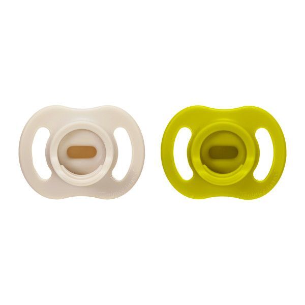 Close-up view of symmetrical orthodontic vented silicone teat on Tommee Tippee dummy