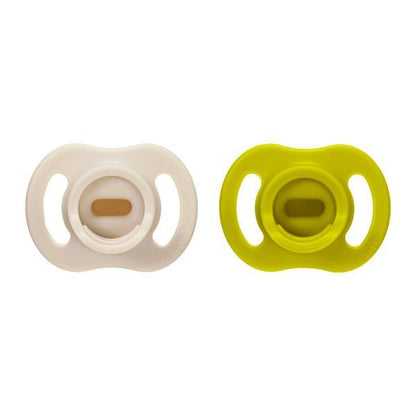 Close-up view of symmetrical orthodontic vented silicone teat on Tommee Tippee dummy