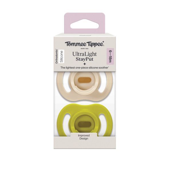 Official retail packaging for Tommee Tippee Ultra-light StayPut Soother 6-18M 2 pack