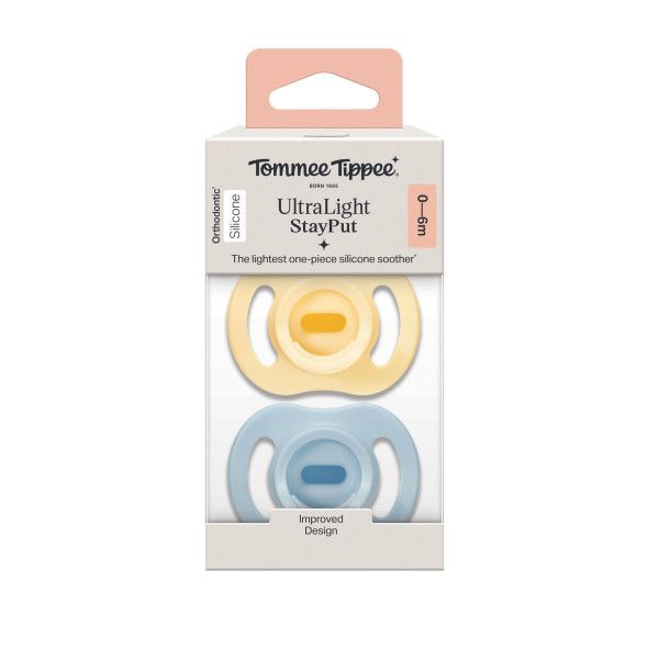Official retail hanging card packaging for Tommee Tippee Ultra-light StayPut Soother 0-6M 2 pack