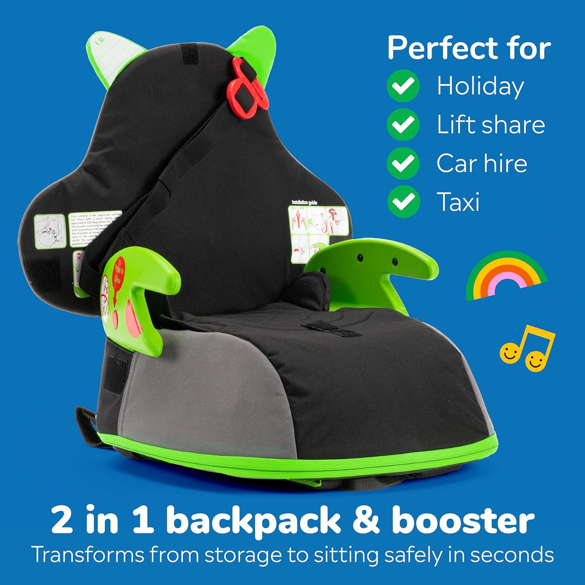 Trunki BoostApak in car booster seat mode showing fold out seatbelt guides