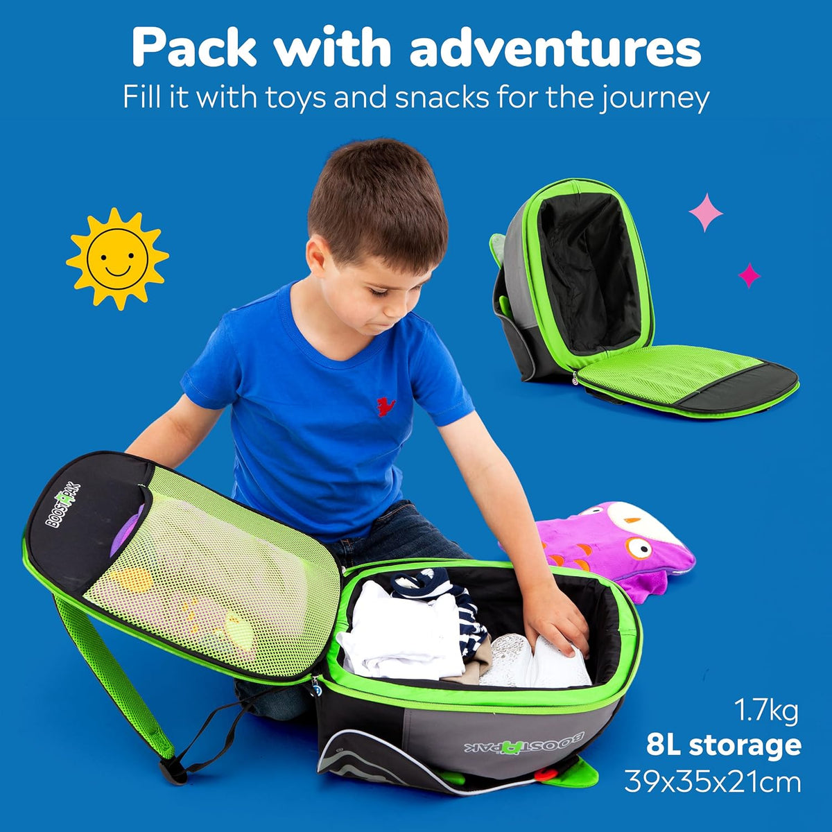 Detail view of rigid internal hard plastic shell on Trunki BoostApak booster seat