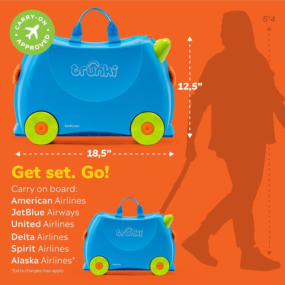 Open interior view of blue Trunki suitcase showing 18L capacity and elastic tie down straps