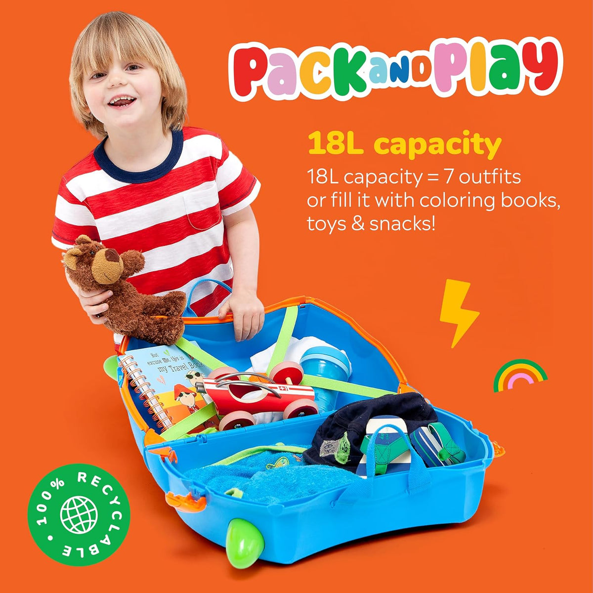 Parent carrying blue Trunki Terrance suitcase over shoulder using detachable strap
