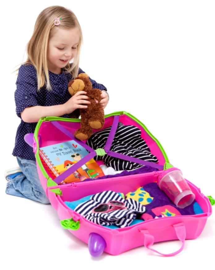 Open interior view of pink Trunki suitcase showing 18L capacity and teddy bear seatbelts