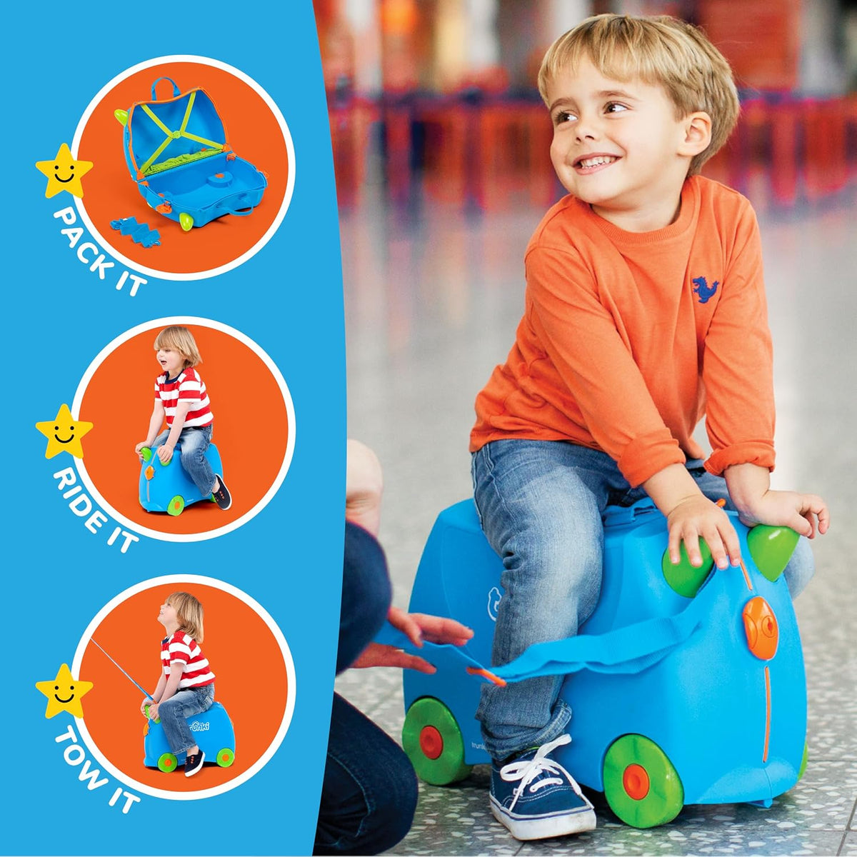 Close-up view of steering horn grips and key lock safety catches on Terrance Trunki