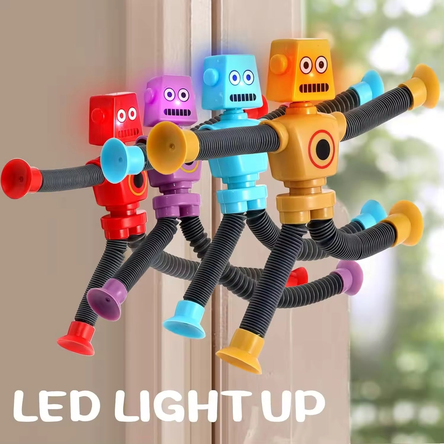 Kids-Up Pop Tubes LED Robot Light Up Fidget Tubes Sensory Toys Pack Robot Telescopic Suction Cup Toddler Autism Stress Relief Toys