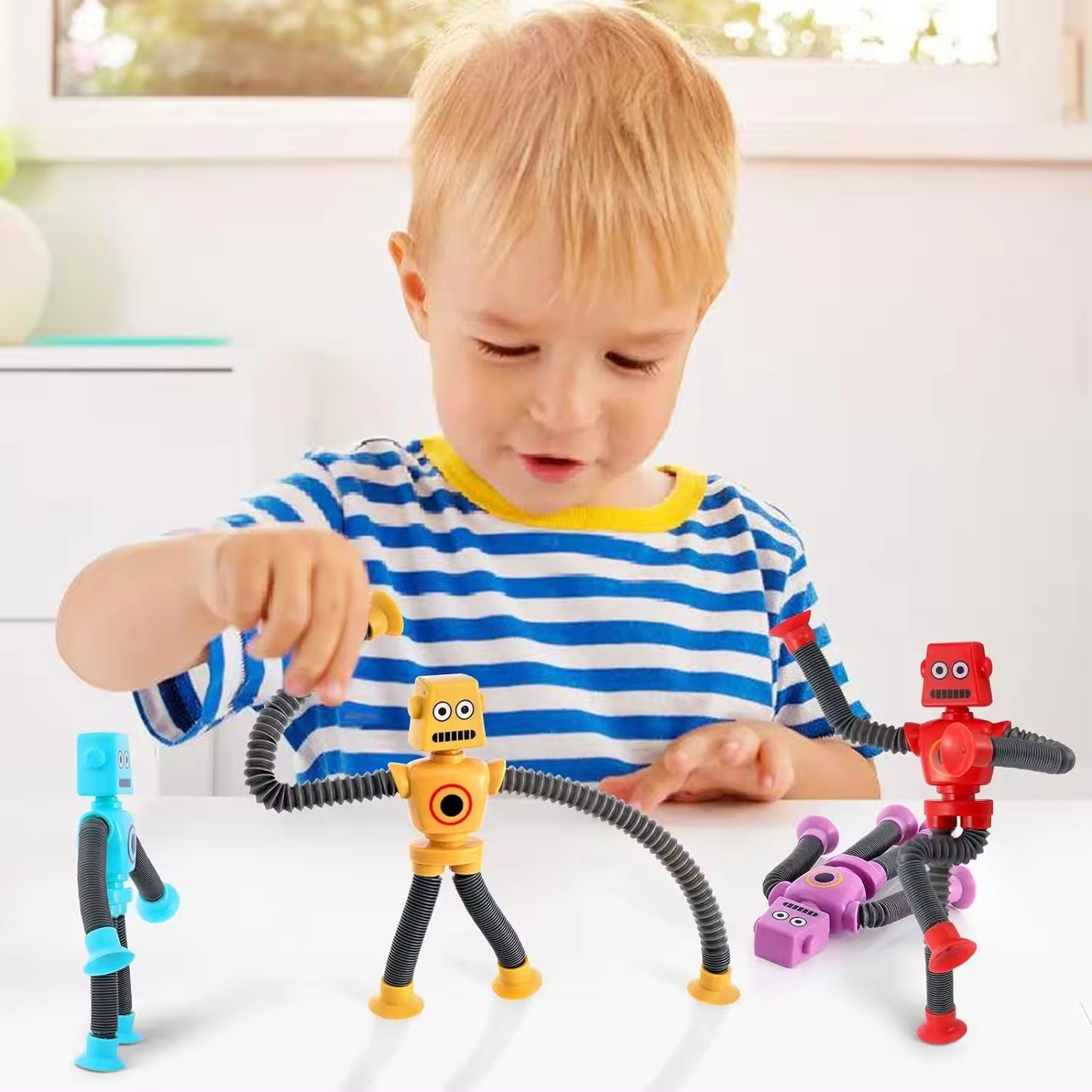 Kids-Up Pop Tubes LED Robot Light Up Fidget Tubes Sensory Toys Pack Robot Telescopic Suction Cup Toddler Autism Stress Relief Toys