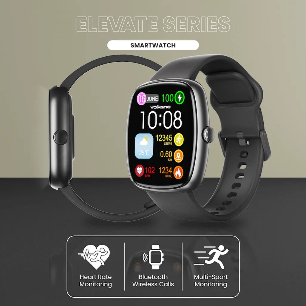 Infographic illustrating wrist-based Bluetooth calling on Volkano Elevate smartwatch