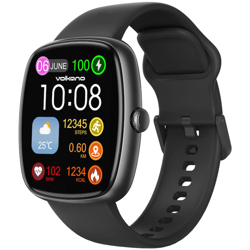 Close-up view of 1.83 inch full touch screen display on Volkano Elevate black watch