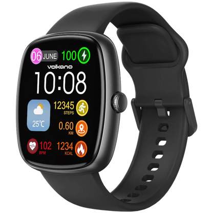 Close-up view of 1.83 inch full touch screen display on Volkano Elevate black watch