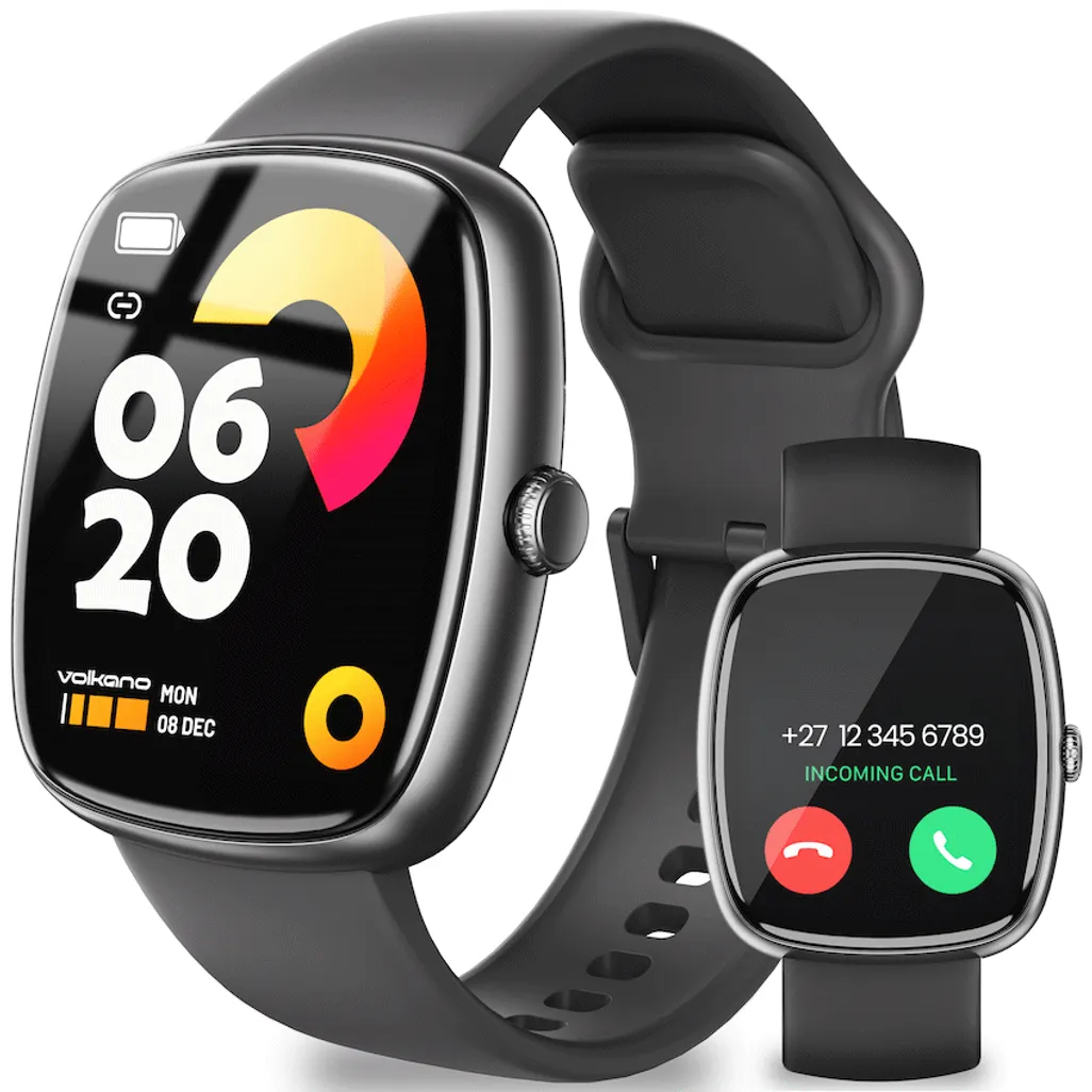 Volkano Elevate Series Smartwatch in black with 1.83 inch touch display front view