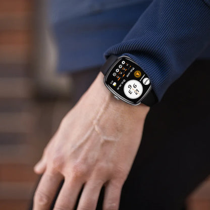 Side 45 degree angle view of black Volkano Elevate smartwatch showing physical buttons