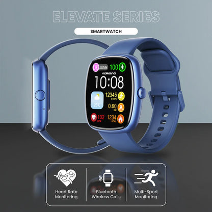 Close-up view of 1.83 inch full touch screen display on Volkano Elevate blue watch