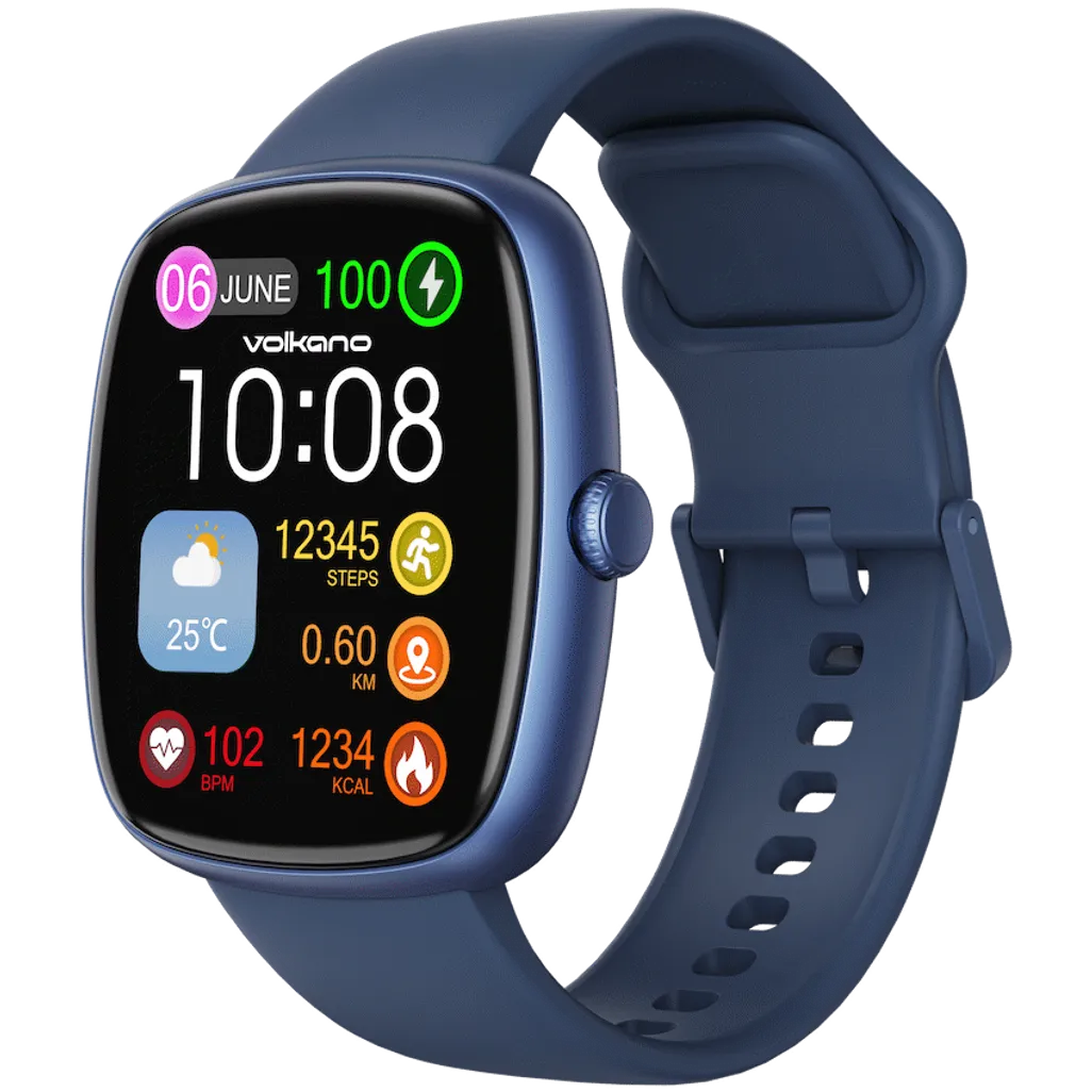 Volkano Elevate Series Smartwatch in blue with 1.83 inch touch display front view