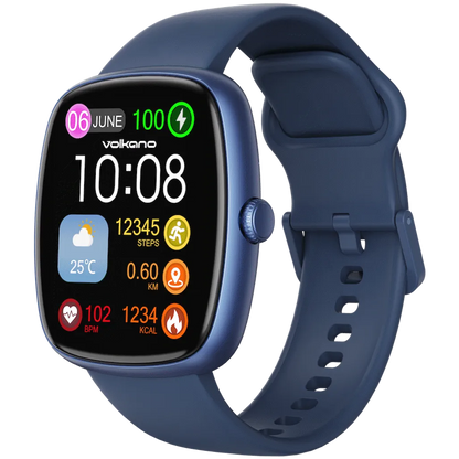 Volkano Elevate Series Smartwatch in blue with 1.83 inch touch display front view