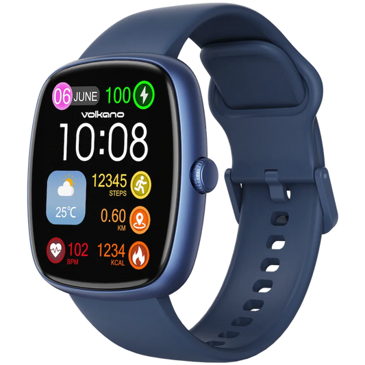 Volkano Elevate Series Smartwatch in blue with 1.83 inch touch display front view