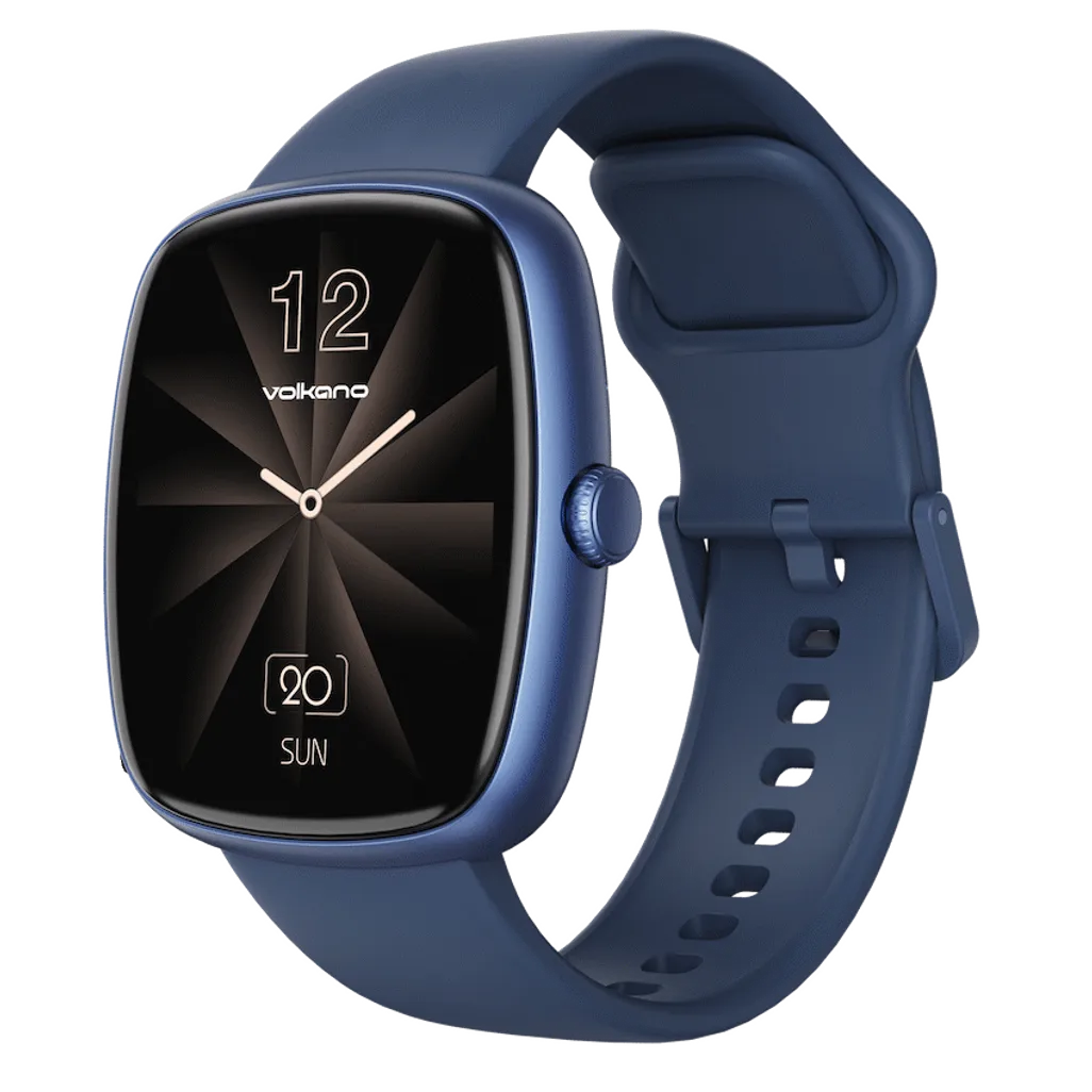 Side 45 degree angle view of blue Volkano Elevate smartwatch showing physical buttons