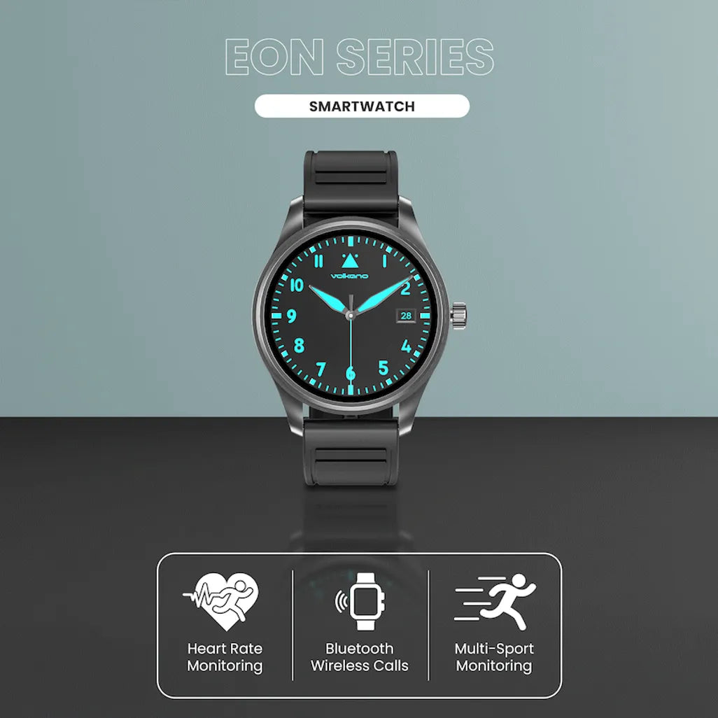 Close-up view of 466 x 466 resolution 1.32 inch AMOLED display on Volkano Eon watch