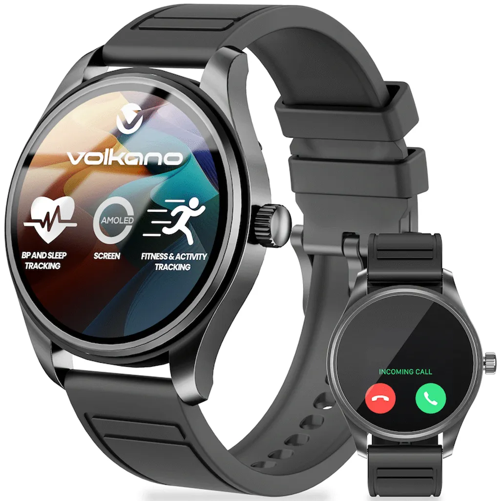 Volkano Eon Series AMOLED Bluetooth calling smartwatch in black front view showing 1.32 inch display