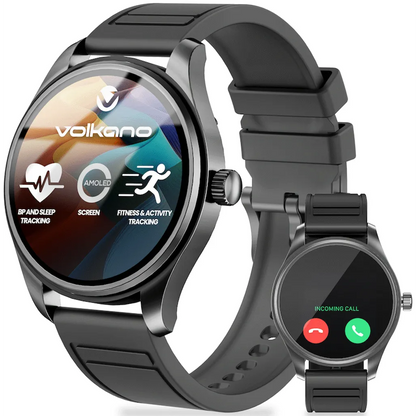 Volkano Eon Series AMOLED Bluetooth calling smartwatch in black front view showing 1.32 inch display