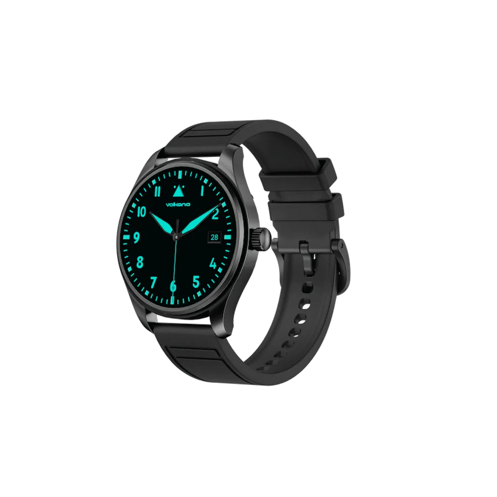Side angle view of black Volkano Eon smartwatch highlighting rotating side button crown