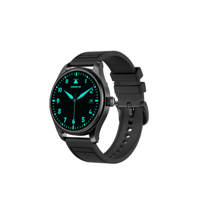 Side angle view of black Volkano Eon smartwatch highlighting rotating side button crown