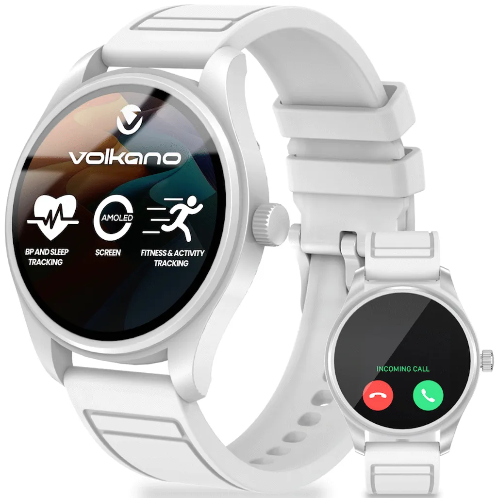 Volkano Eon Series AMOLED Bluetooth calling smartwatch in white front view showing 1.32 inch display