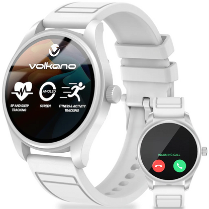Volkano Eon Series AMOLED Bluetooth calling smartwatch in white front view showing 1.32 inch display