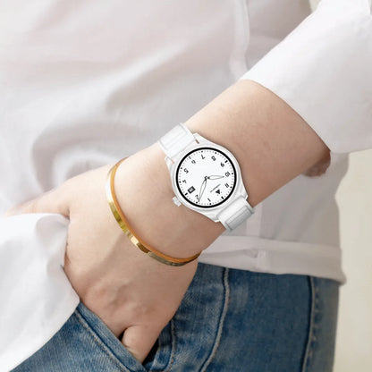User wearing white Volkano Eon AMOLED smartwatch on wrist during active daily routine