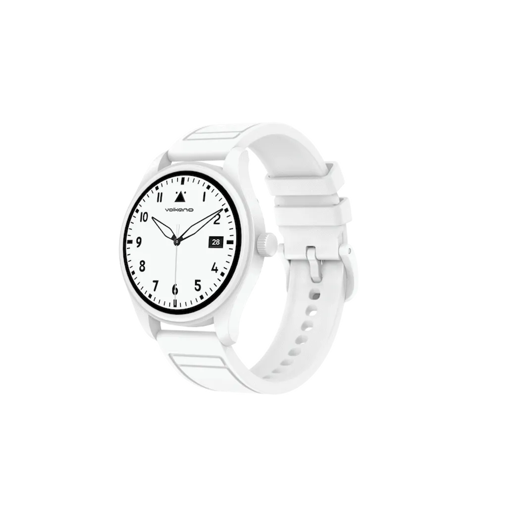 Side angle view of white Volkano Eon smartwatch highlighting rotating side button crown