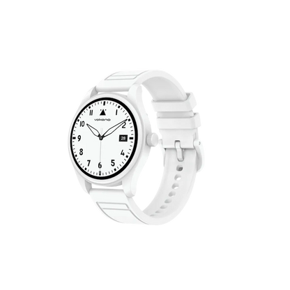 Side angle view of white Volkano Eon smartwatch highlighting rotating side button crown