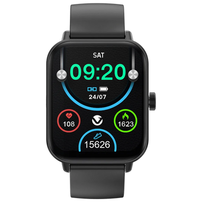 Side 45 degree angle view of black Volkano Essense smartwatch displaying sleek casing