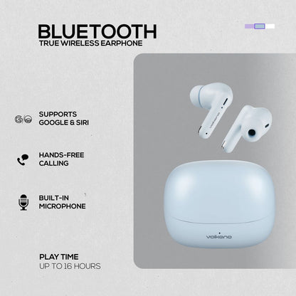 Side 45 degree angle view of Volkano Jupiter wireless earbuds and case