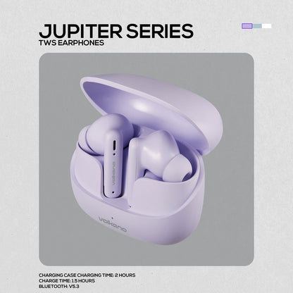 Unboxing layout displaying Jupiter earbuds charging case USB-C cable and extra eartips