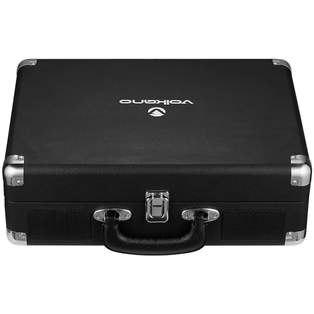 Closed portable suitcase view of Volkano Retro record player with carrying handle