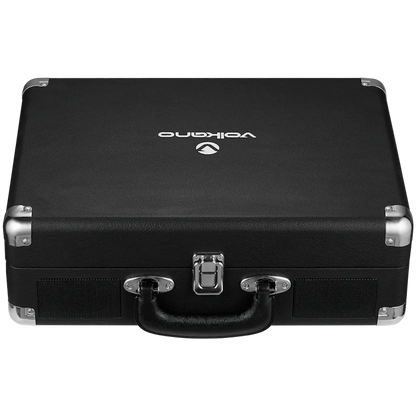 Closed portable suitcase view of Volkano Retro record player with carrying handle