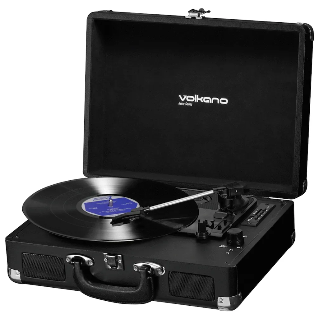 Volkano Retro Series Bluetooth turntable in black briefcase open view with vinyl record