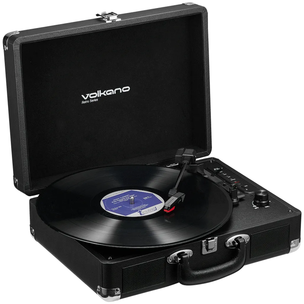 Volkano Retro Series turntable playing vinyl in a modern home living room setup