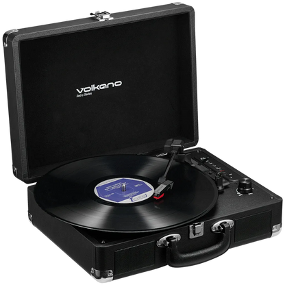 Volkano Retro Series turntable playing vinyl in a modern home living room setup