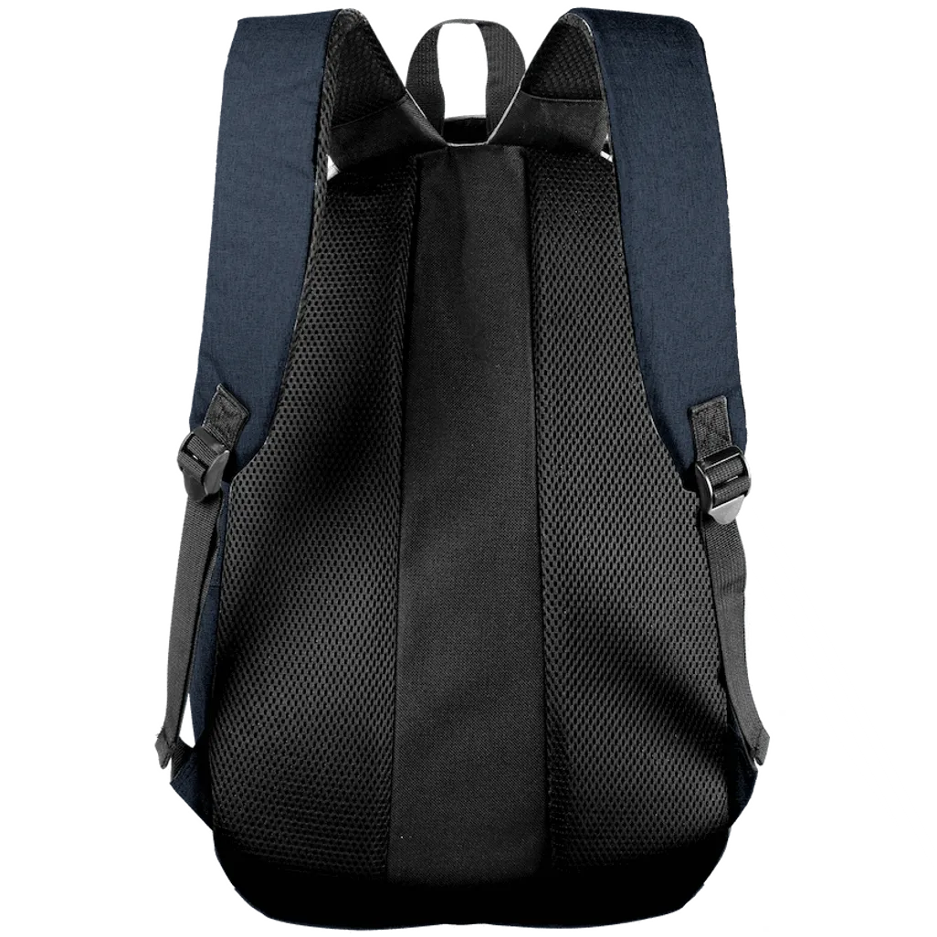 Side angle view of navy Volkano Victory laptop backpack showing front zip pocket