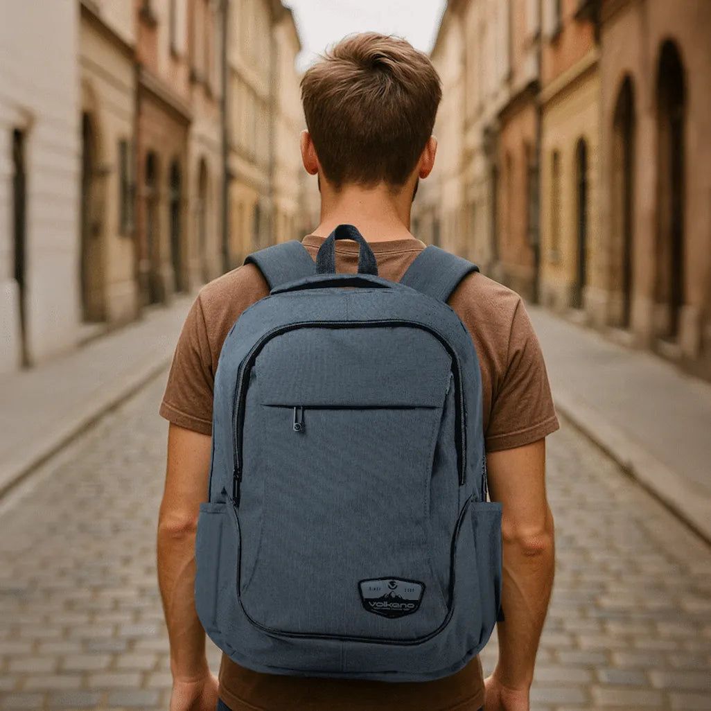 Close-up view of heavy duty dual zippers and reinforced stitching on Volkano Victory backpack