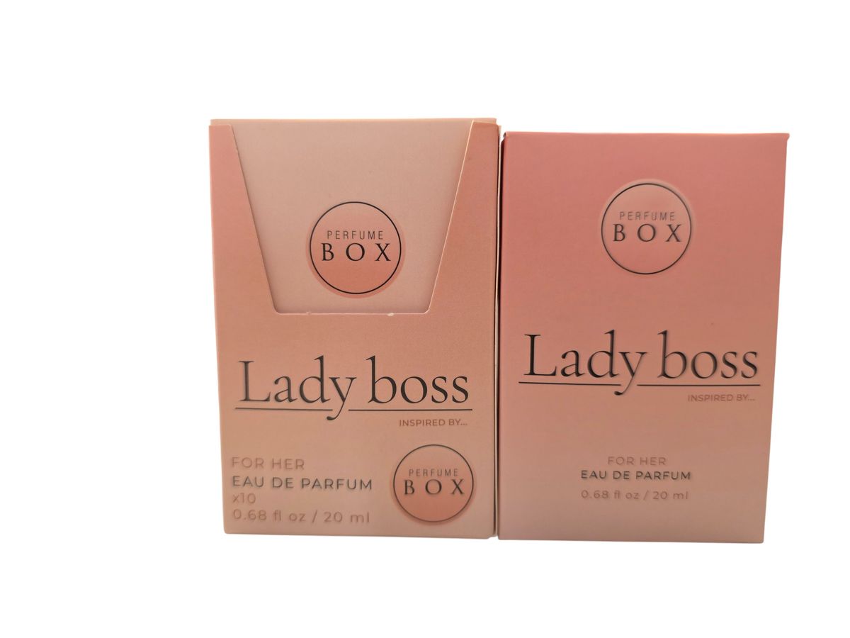 Ten individually packaged Lady Boss 20ml pocket perfumes arranged neatly outside of their wholesale outer bundle box