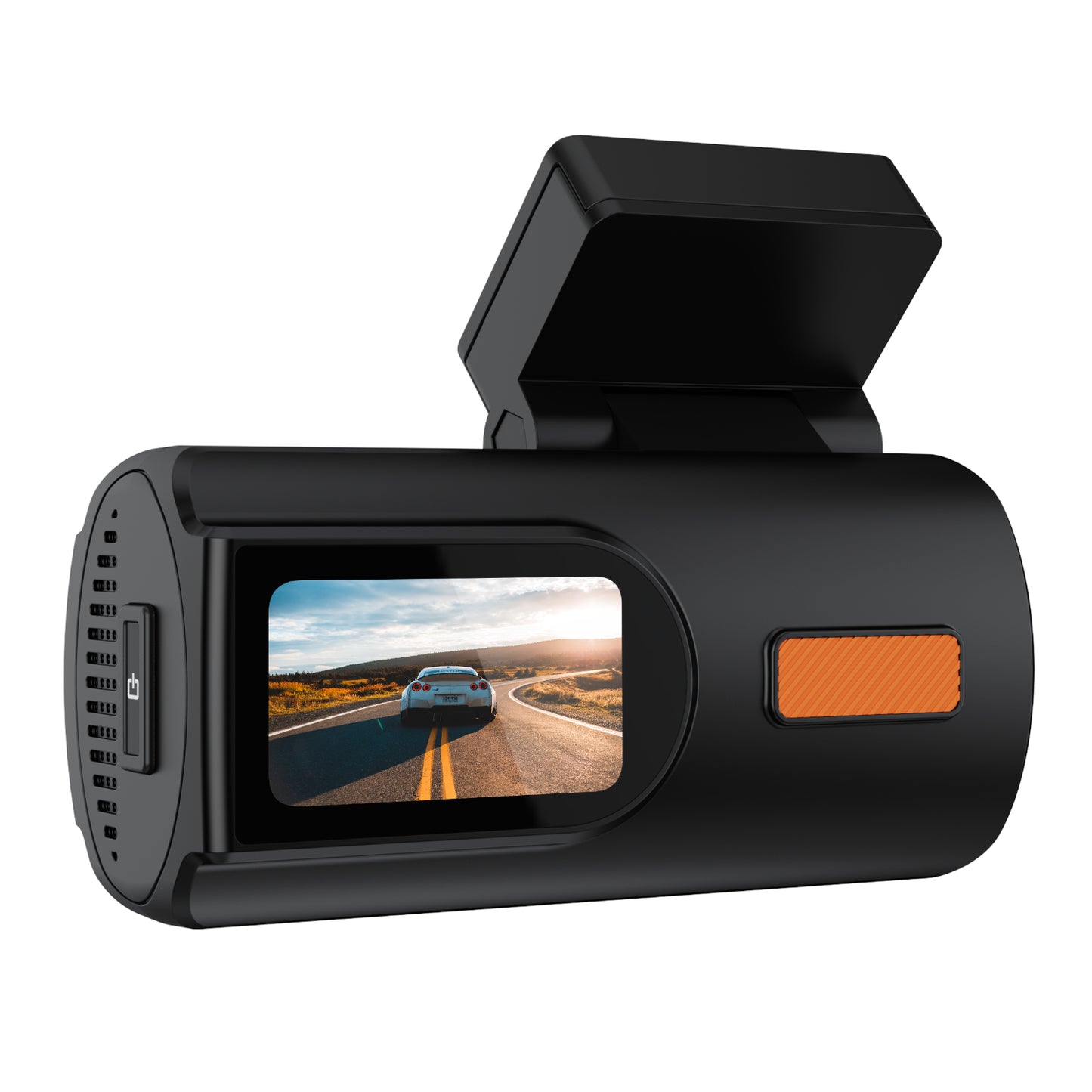 The compact WINX TRACK Pro 2K dash cam mounted discreetly behind a car rearview mirror showing the LED display