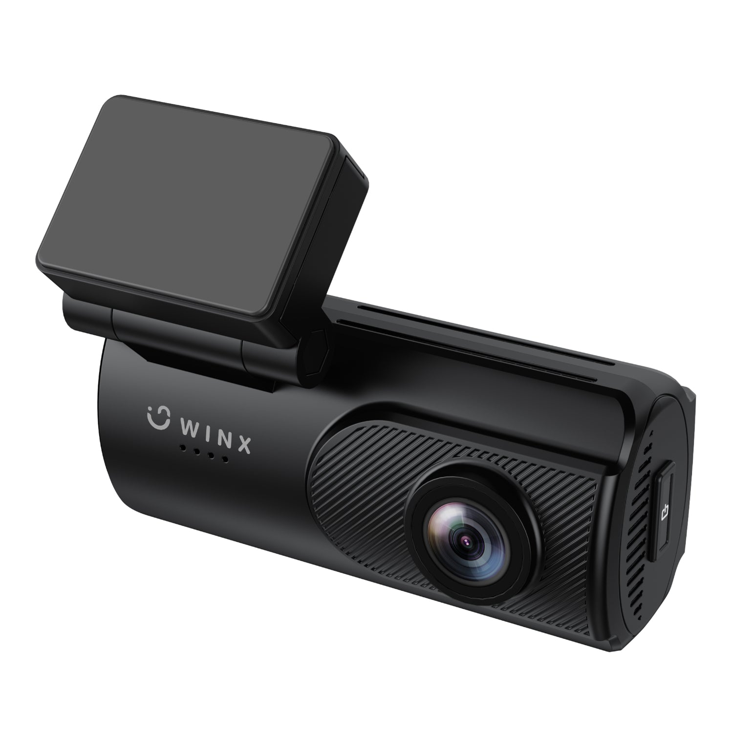 The bright integrated LED screen of the WINX TRACK Pro dash cam displaying real-time video and active GPS status indicators