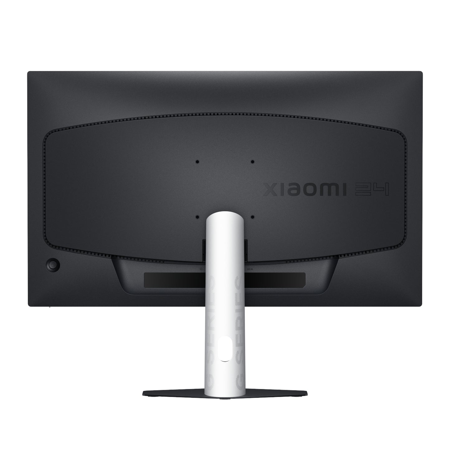 Back panel view of Xiaomi G24i monitor showing 75x75mm VESA mount holes and function button