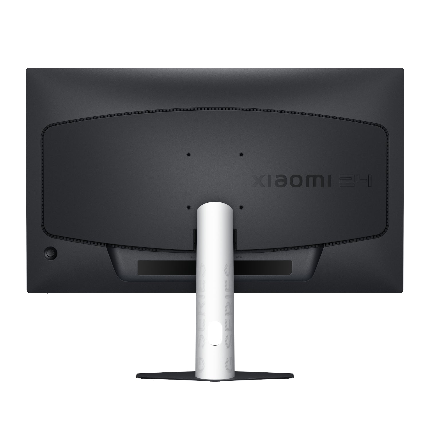 Back panel view of Xiaomi G24i monitor showing 75x75mm VESA mount holes and function button