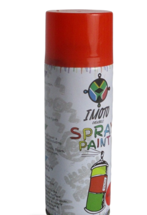 Imoto Spray Paint
Quick Dry
• Rust Inhibitor
• Lead Free
• Suitable for interior and exterior applications

hermoplastic Acrylic Resin
Good Leveling
High Coverage
Quick Drying
Strong Adhesiveness
Rich Color &amp; High lustre
Matches well with Various Types Of Paint Primers
Impact Enduring
Can Be Used To Paint &amp; Repairs a Wide Variety of Surfaces Including
Metal, Wood. Glass, Leather

What's in the box
1 x Imoto Spray Paint
