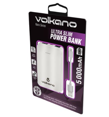 Volkano 5000mAh Power Bank - Nano Series - White