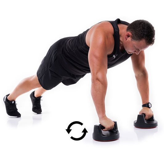 Round Push Up Blocks (Twist) are low to the ground, have a wide foundation and feature thick, yet comfortable grips. This allows the user to have increased range of movement when performing push ups. The neat thing about these though, is that they can rotate 360 degrees. The variety for push up related movements is huge!